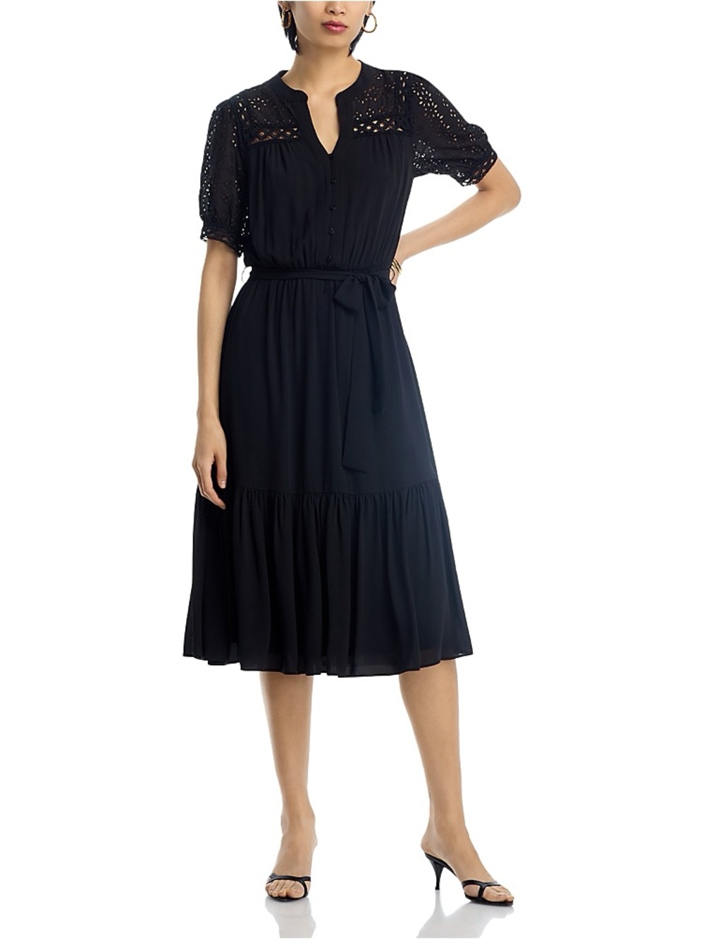 Tahari Eyelet Midi Dress In Black, size M